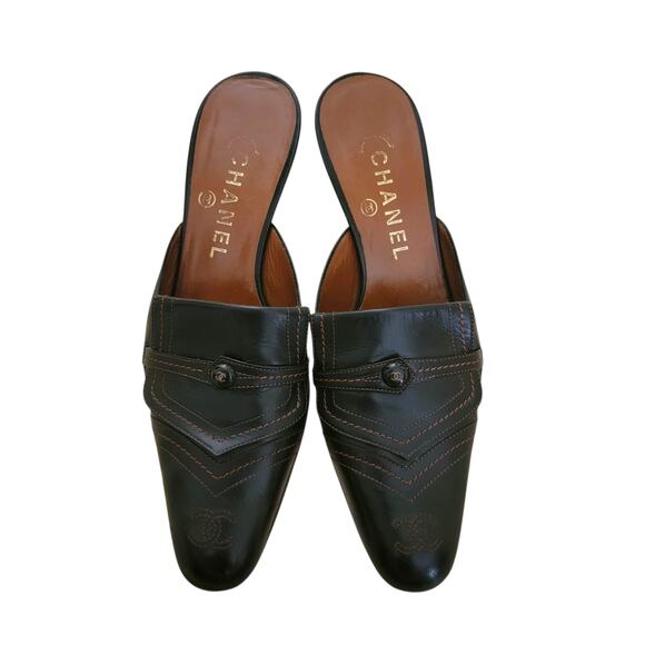 Chanel Vintage Black Leather CC Logo Kitten Heel Slip-On Mules 36.5 (US 6) - Picture 9 of 15